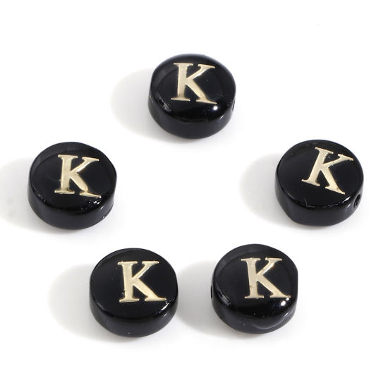 Image de Perles pour DIY Fabrication de Bijoux en Coquille Rond Noir Alphabet Initial/ Lettre Majuscule Mots" K " Double Face 8mm Dia, Taille de Trou: 0.5mm, 5 Pcs
