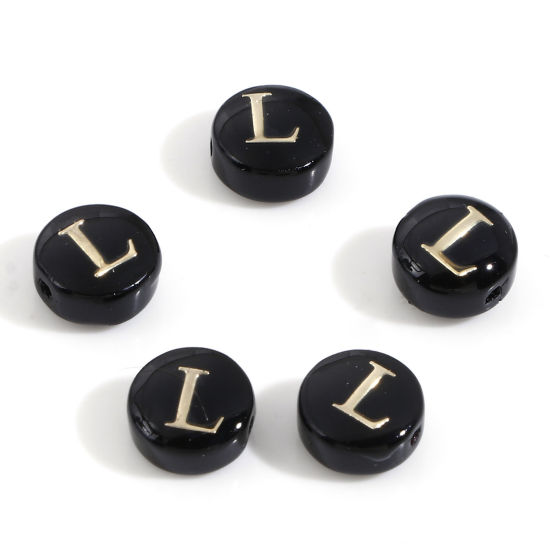 Image de Perles pour DIY Fabrication de Bijoux en Coquille Rond Noir Alphabet Initial/ Lettre Majuscule Mots" L " Double Face 8mm Dia, Taille de Trou: 0.5mm, 5 Pcs