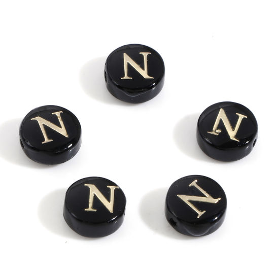 Image de Perles pour DIY Fabrication de Bijoux en Coquille Rond Noir Alphabet Initial/ Lettre Majuscule Mots" N " Double Face 8mm Dia, Taille de Trou: 0.5mm, 5 Pcs