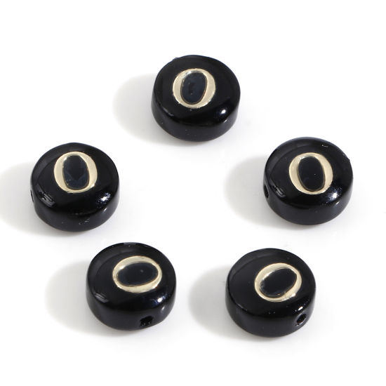 Image de Perles pour DIY Fabrication de Bijoux en Coquille Rond Noir Alphabet Initial/ Lettre Majuscule Mots" O " Double Face 8mm Dia, Taille de Trou: 0.5mm, 5 Pcs