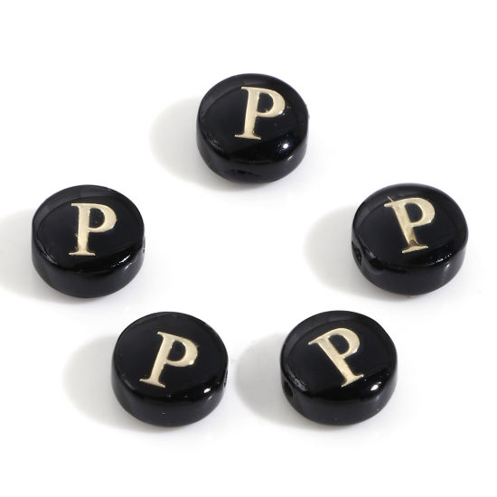 Image de Perles pour DIY Fabrication de Bijoux en Coquille Rond Noir Alphabet Initial/ Lettre Majuscule Mots" P " Double Face 8mm Dia, Taille de Trou: 0.5mm, 5 Pcs