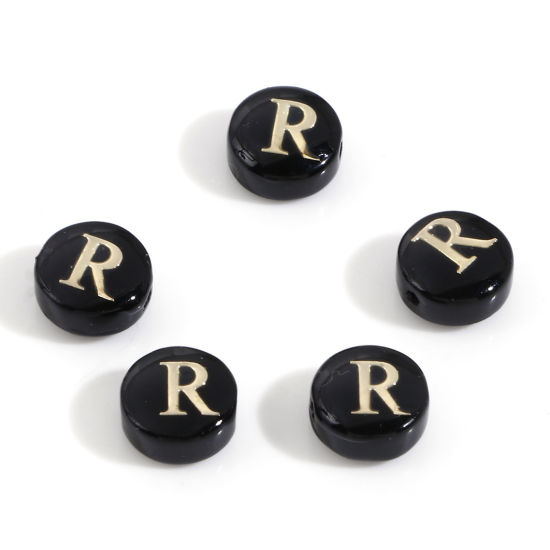 Image de Perles pour DIY Fabrication de Bijoux en Coquille Rond Noir Alphabet Initial/ Lettre Majuscule Mots" R " Double Face 8mm Dia, Taille de Trou: 0.5mm, 5 Pcs
