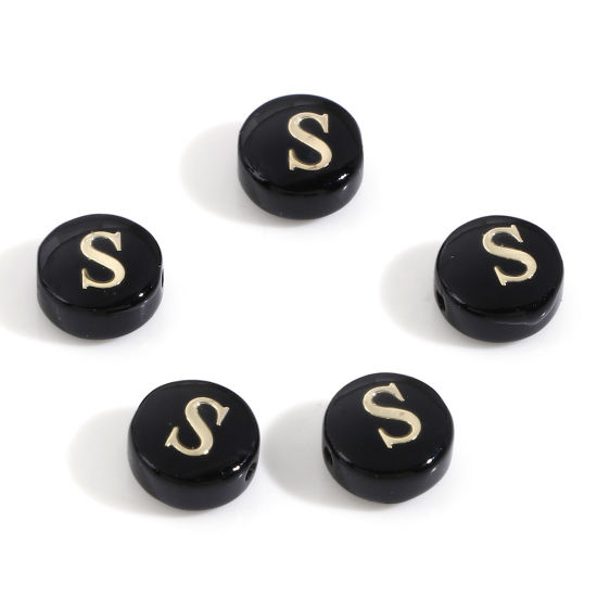 Image de Perles pour DIY Fabrication de Bijoux en Coquille Rond Noir Alphabet Initial/ Lettre Majuscule Mots" S " Double Face 8mm Dia, Taille de Trou: 0.5mm, 5 Pcs