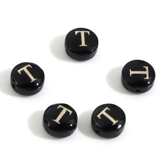 Image de Perles pour DIY Fabrication de Bijoux en Coquille Rond Noir Alphabet Initial/ Lettre Majuscule Mots" T " Double Face 8mm Dia, Taille de Trou: 0.5mm, 5 Pcs