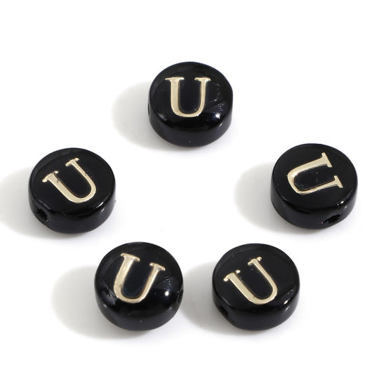 Image de Perles pour DIY Fabrication de Bijoux en Coquille Rond Noir Alphabet Initial/ Lettre Majuscule Mots" U " Double Face 8mm Dia, Taille de Trou: 0.5mm, 5 Pcs