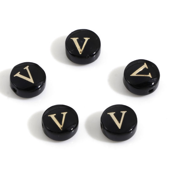 Image de Perles pour DIY Fabrication de Bijoux en Coquille Rond Noir Alphabet Initial/ Lettre Majuscule Mots" V " Double Face 8mm Dia, Taille de Trou: 0.5mm, 5 Pcs