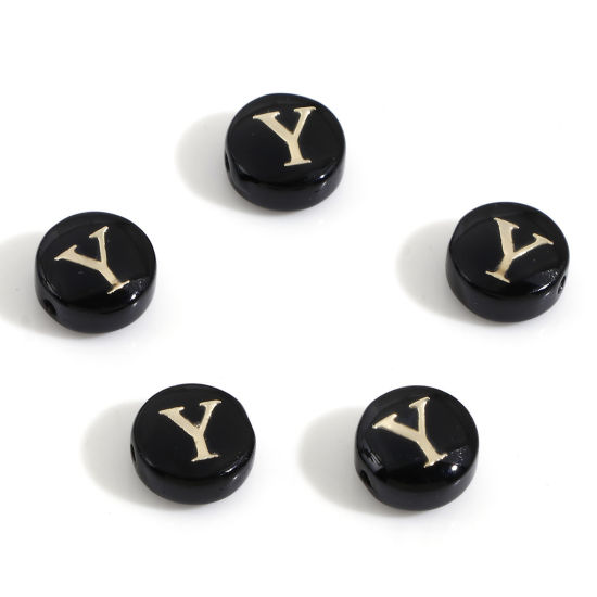 Image de Perles pour DIY Fabrication de Bijoux en Coquille Rond Noir Alphabet Initial/ Lettre Majuscule Mots" Y " Double Face 8mm Dia, Taille de Trou: 0.5mm, 5 Pcs