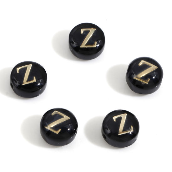 Image de Perles pour DIY Fabrication de Bijoux en Coquille Rond Noir Alphabet Initial/ Lettre Majuscule Mots" Z " Double Face 8mm Dia, Taille de Trou: 0.5mm, 5 Pcs