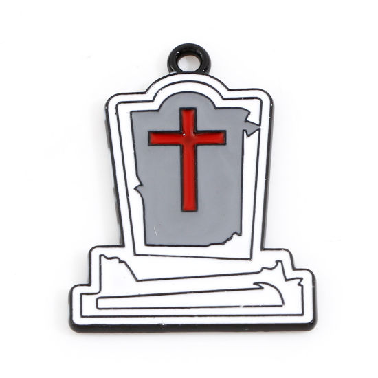 Picture of Zinc Based Alloy Halloween Charms White & Red Cross Halloween Tombstone Enamel 25mm x 19mm, 10 PCs