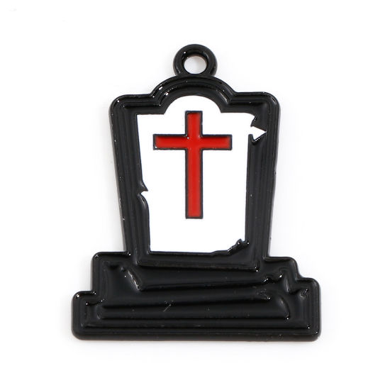 Picture of Zinc Based Alloy Halloween Charms Black & Red Cross Halloween Tombstone Enamel 25mm x 19mm, 10 PCs
