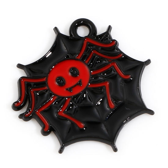 Picture of Zinc Based Alloy Halloween Charms Black & Red Halloween Spider Animal Halloween Cobweb Enamel 20.5mm x 20mm, 10 PCs