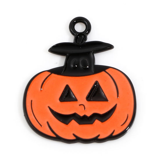 Picture of Zinc Based Alloy Halloween Charms Orange Pumpkin Enamel 23.5mm x 20mm, 10 PCs
