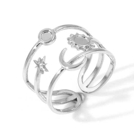 Imagen de 304 Acero Inoxidable Abierto Anillos Tono de Plata Sol & Luna Base Camafeo (Fits 3mm 2.5mm) 16.9mm (US Size 6.5), 1 Unidad