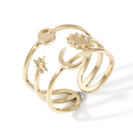 Imagen de 1 Unidad Recubrimiento al Vacío PVD Ecológico 304 Acero Inoxidable Abierto Anillos Chapado en Oro de 18K Sol & Luna Base Camafeo (Fits 3mm 2.5mm) 16.9mm (US Size 6.5)
