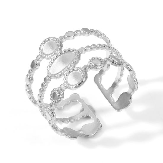 Imagen de 304 Acero Inoxidable Abierto Anillos Tono de Plata Óvalo Base Camafeo (Fits 6x3mm 3mm Dia.) 17.3mm (US size 7), 1 Unidad