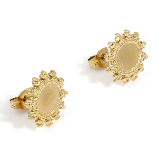 Image de 4 Pcs Boucles d'Oreilles Puces en 304 Acier Inoxydable Placage sous Vide PVD Respectueux de l'Environnement Fleur Plaqué Or 18K Ovale Cabochon Rapportable (Adapté à 8mmx6mm ) 15mm x 13mm