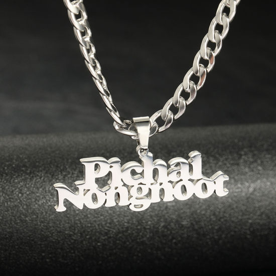 Picture of 1 Piece 304 Stainless Steel Customized Name Necklace Personalized Letter Charm Pendant Silver Tone 40cm(15.7") long