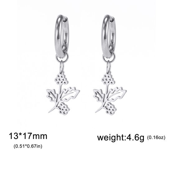 304ステンレス鋼 誕生花 イヤリング シルバートーン クリスマス・ヒイラギの葉 十二月 透かし 17mm x 13mm、 ワイヤーサイズ: （17号）、 1 ペア の画像