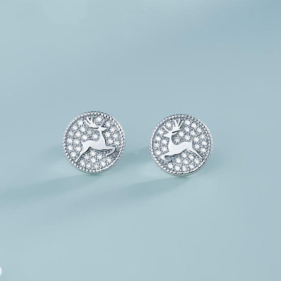 Image de Boucles d'Oreilles Puces en Laiton Plaqué Platine Rond Renne de Noël 1cm, 1 Paire