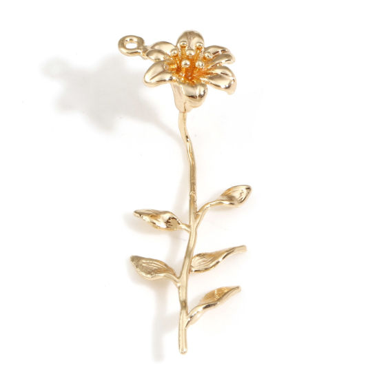 Imagen de Latón Colgantes Charms Flor 18K Oro Real Chapado 3D 3.3cm x 1.1cm, 2 Unidades