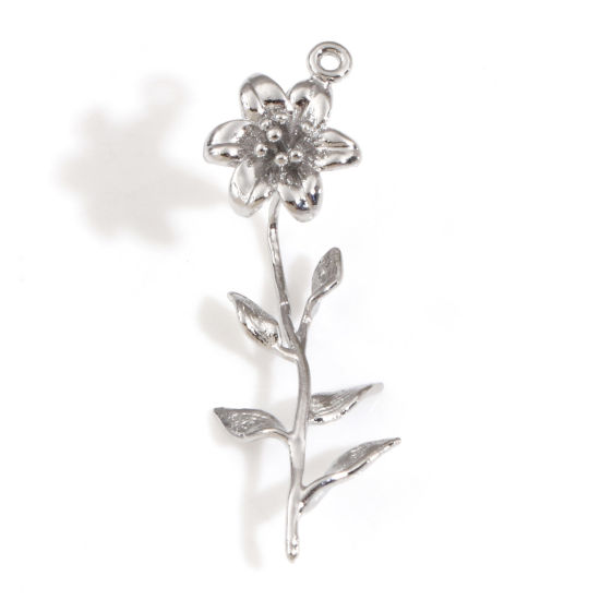 Imagen de Latón Colgantes Charms Flor Platino Real Chapado 3D 3.3cm x 1.1cm, 2 Unidades