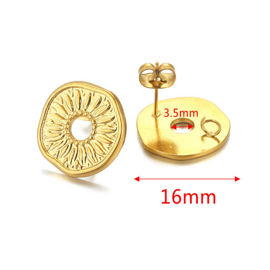 Picture of 304 Stainless Steel Ear Post Stud Earring With Loop Connector Accessories Round 18K Gold Plated Weave Textured 16mm Dia., Post/ Wire Size: (21 gauge), 2 PCs