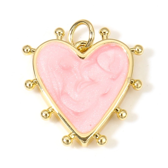 Picture of Brass Valentine's Day Charms 18K Real Gold Plated Pink Pearlized Heart Enamel 19mm x 18mm, 1 Piece