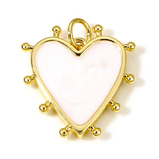 Picture of Brass Valentine's Day Charms 18K Real Gold Plated White Pearlized Heart Enamel 19mm x 18mm, 1 Piece