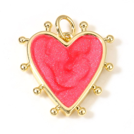 Picture of Brass Valentine's Day Charms 18K Real Gold Plated Red Pearlized Heart Enamel 19mm x 18mm, 1 Piece