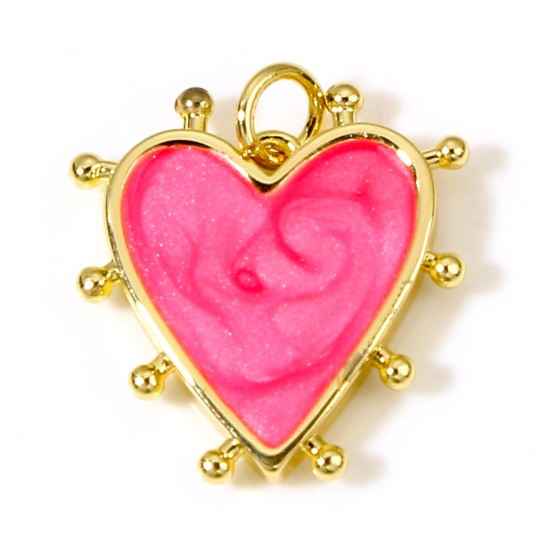 Picture of Brass Valentine's Day Charms 18K Real Gold Plated Fuchsia Pearlized Heart Enamel 19mm x 18mm, 1 Piece