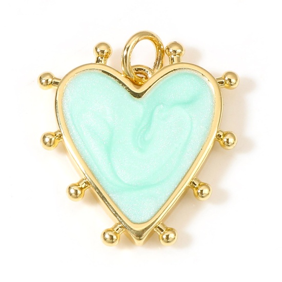 Picture of Brass Valentine's Day Charms 18K Real Gold Plated Green Blue Pearlized Heart Enamel 19mm x 18mm, 1 Piece