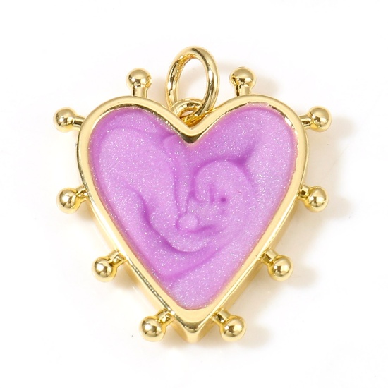 Picture of Brass Valentine's Day Charms 18K Real Gold Plated Purple Pearlized Heart Enamel 19mm x 18mm, 1 Piece