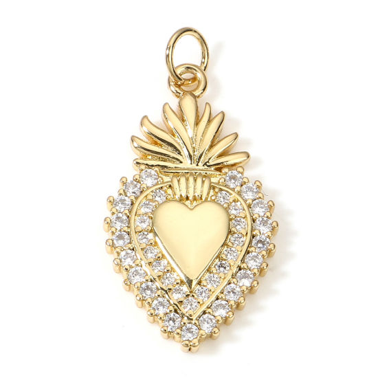 Image de Breloques Religieux en Laiton Coeur de Ex-Voto Plaqué Or Véritable 18K Micro Pave à Zircone Cubique Clair 28.5mm x 14mm, 1 Pièce