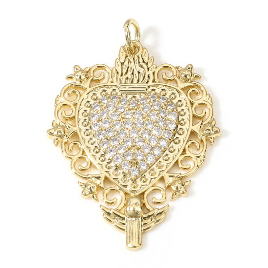 Image de Pendentifs Religieux en Laiton Coeur de Ex-Voto Plaqué Or Véritable 18K Micro Pave à Zircone Cubique Clair 3.5cm x 2.4cm, 1 Pièce
