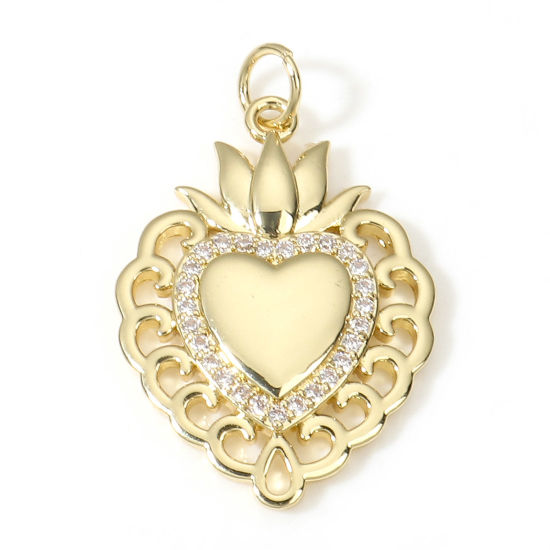 Image de Breloques Religieux en Laiton Coeur de Ex-Voto Plaqué Or Véritable 18K Micro Pave à Zircone Cubique Clair 29mm x 18mm, 1 Pièce