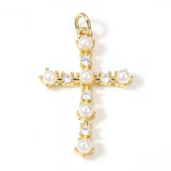 Image de Pendentifs Religieux en Laiton Croix Plaqué Or Véritable 18K Perle Imitation Acrylique à Zircone Cubique Clair 3.1cm x 1.9cm, 1 Pièce