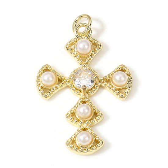 Image de Pendentifs Religieux en Laiton Croix Plaqué Or Véritable 18K Perle Imitation Acrylique à Zircone Cubique Clair 3.1cm x 3cm, 1 Pièce