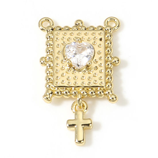 Immagine di Ottone Religione Charms Cuore 18K Vero Oro Placcato Croce Trasparente Cubic Zirconiae 22mm x 13mm, 1 Pz
