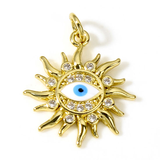 Bild von Messing Galaxis Charms 18K Echtgold plattiert Sonne Böser Blick Evil Eye Micro Pave Klar Zirkonia 23mm x 18mm, 1 Stück