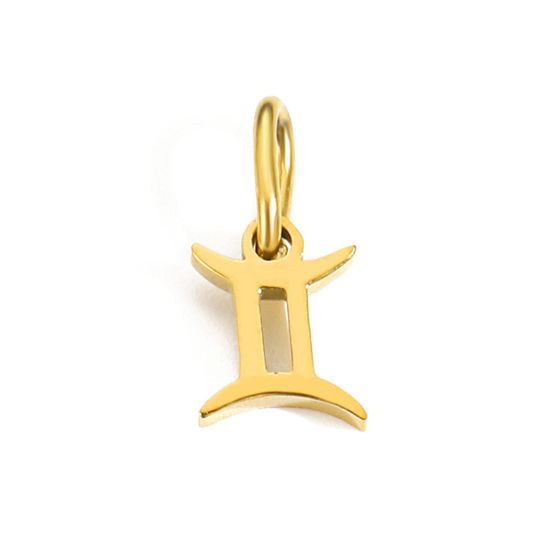 Image de 2 Pcs Breloques en 304 Acier Inoxydable Revêtement sous Vide PVD Respectueux de l'Environnement Plaqué Or 14K Constellation Gémeaux avec Anneaux 6mm-9mm 
