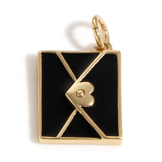 Imagen de Latón Colgantes Charms Sobre 18K Oro Real Chapado Negro Esmalte 19mm x 11mm, 1 Unidad