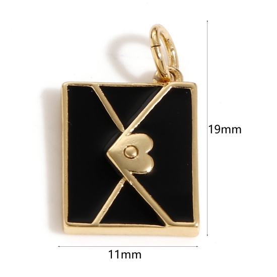 Imagen de Latón Colgantes Charms Sobre 18K Oro Real Chapado Negro Esmalte 19mm x 11mm, 1 Unidad