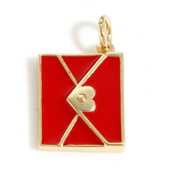 Imagen de Latón Colgantes Charms Sobre 18K Oro Real Chapado Rojo Esmalte 19mm x 11mm, 1 Unidad
