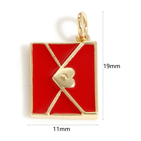 Imagen de Latón Colgantes Charms Sobre 18K Oro Real Chapado Rojo Esmalte 19mm x 11mm, 1 Unidad