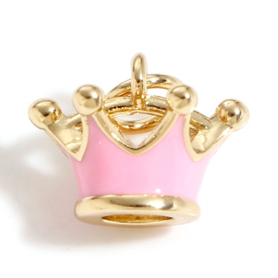 Imagen de Latón Colgantes Charms Corona 18K Oro Real Chapado Rosado 3D 13mm x 12mm, 1 Unidad
