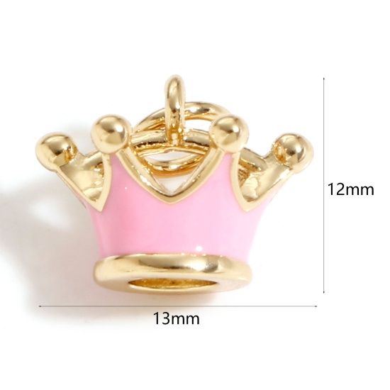 Imagen de Latón Colgantes Charms Corona 18K Oro Real Chapado Rosado 3D 13mm x 12mm, 1 Unidad
