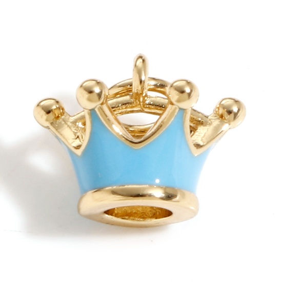 Imagen de Latón Colgantes Charms Corona 18K Oro Real Chapado Azul 3D 13mm x 12mm, 1 Unidad
