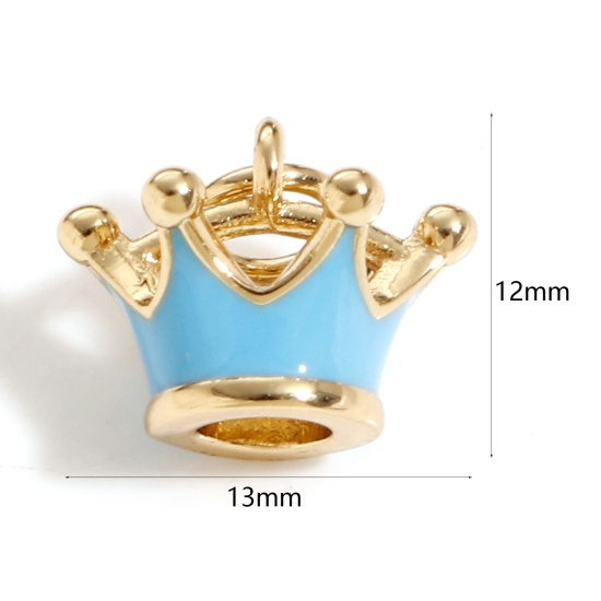 Imagen de Latón Colgantes Charms Corona 18K Oro Real Chapado Azul 3D 13mm x 12mm, 1 Unidad