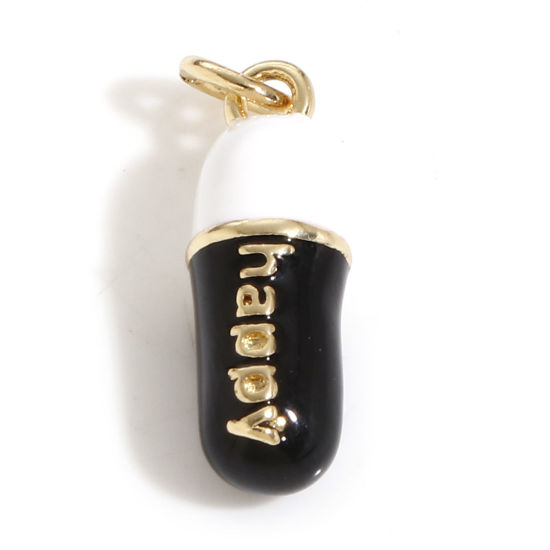 Imagen de 1 Unidad Latón Colgantes Píldora 18K Oro Real Chapado Negro & Blanco Mensaje " Happy " Esmalte 20mm x 6mm