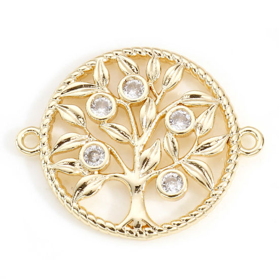 Imagen de Latón Micro Pave Conectores Dijes Colgantes Ronda 18K Oro Real Chapado Árbol de la Vida Hueco Claro Circón Artificial 22mm x 18mm, 2 Unidades
